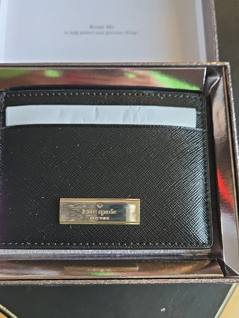 kate spade Black Leather Card Holder with Gold Plaque NEW